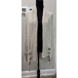 Oversized Cardigan Sweater Beige Waffle-Knit Shell-Style Buttons Medium Cozy